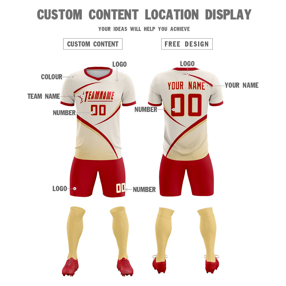 Custom Cream Red Color Block Training Uniform For Men Soccer Sets Jersey