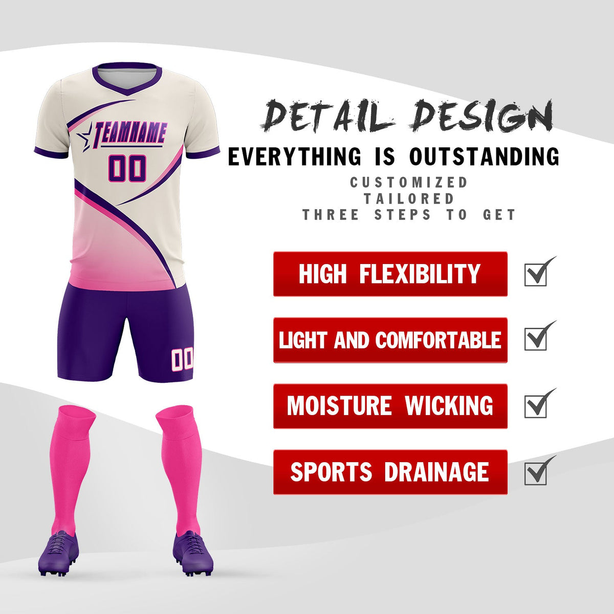 Custom Cream Purple Color Block Training Uniform For Men Soccer Sets Jersey