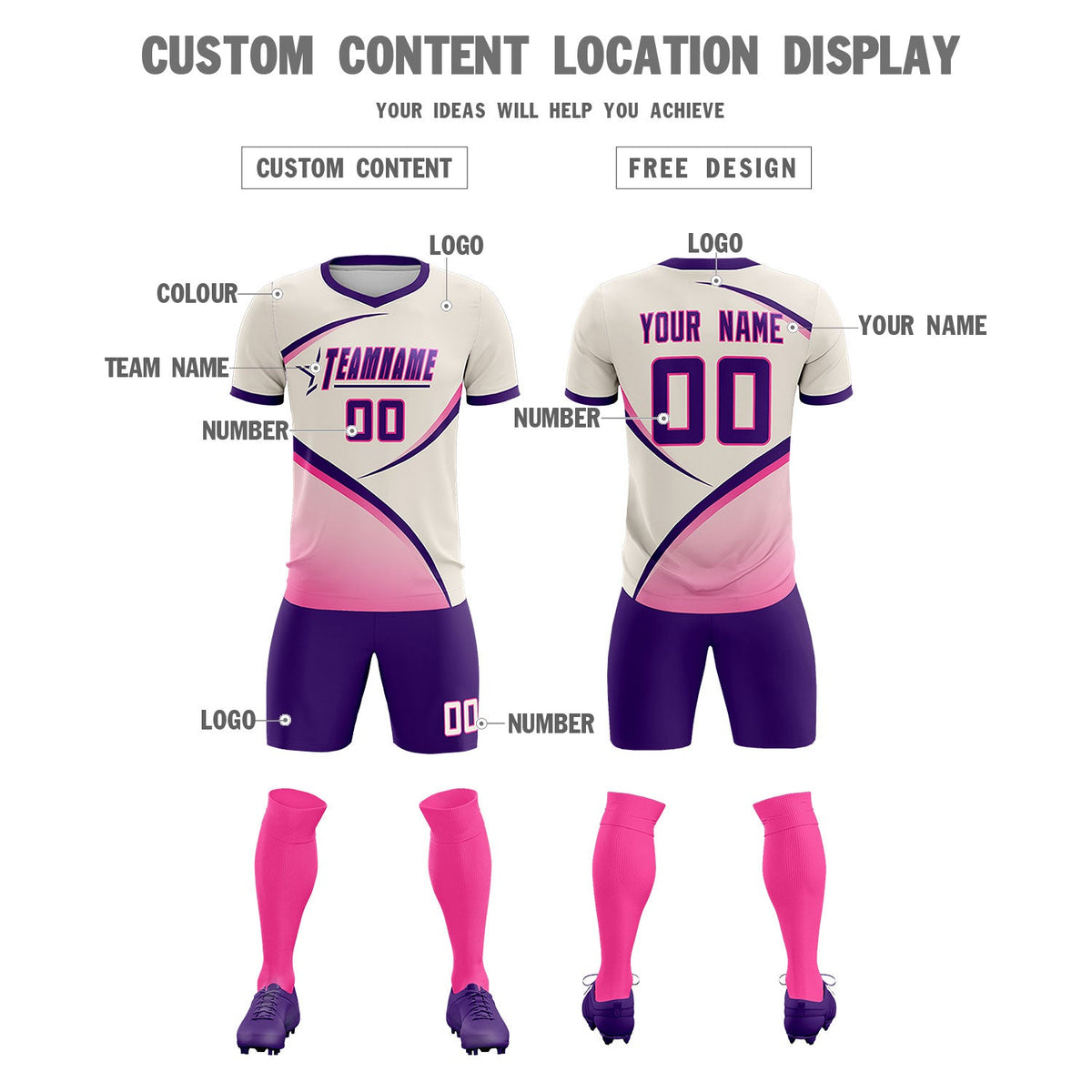 Custom Cream Purple Color Block Training Uniform For Men Soccer Sets Jersey