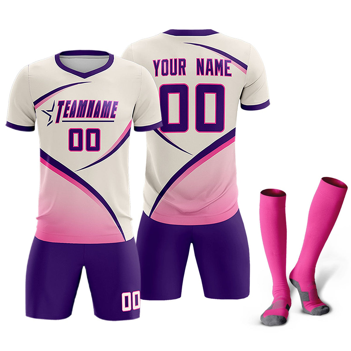 Custom Cream Purple Color Block Training Uniform For Men Soccer Sets Jersey