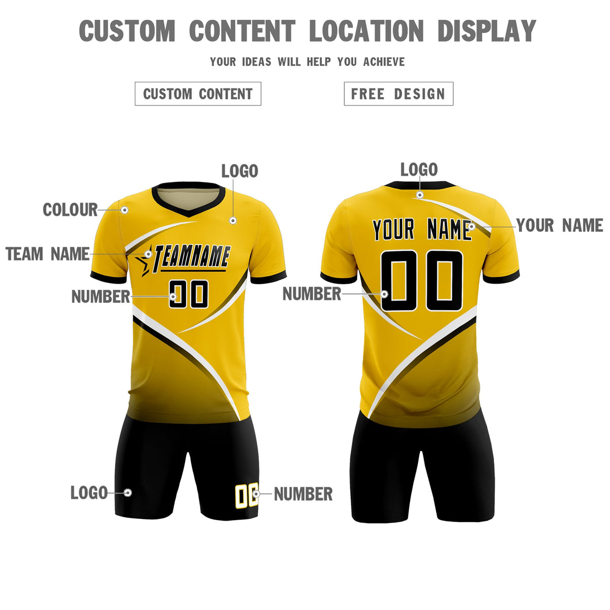 Custom Gold Black Color Block Training Uniform For Men Soccer Sets Jersey
