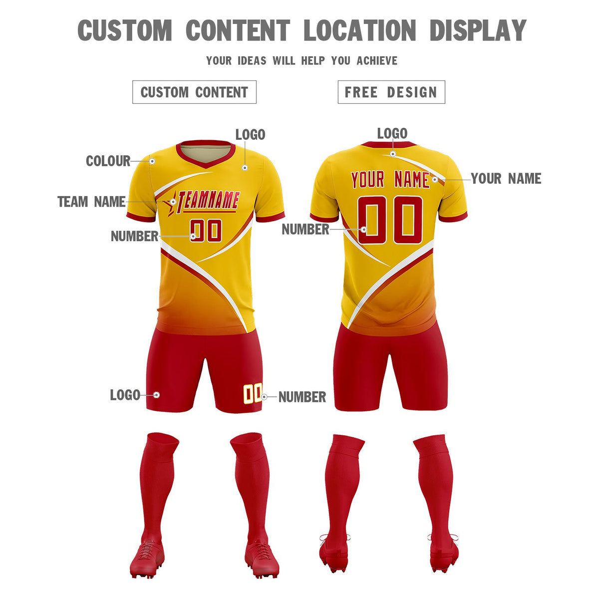 Custom Gold Red Color Block Training Uniform For Men Soccer Sets Jersey