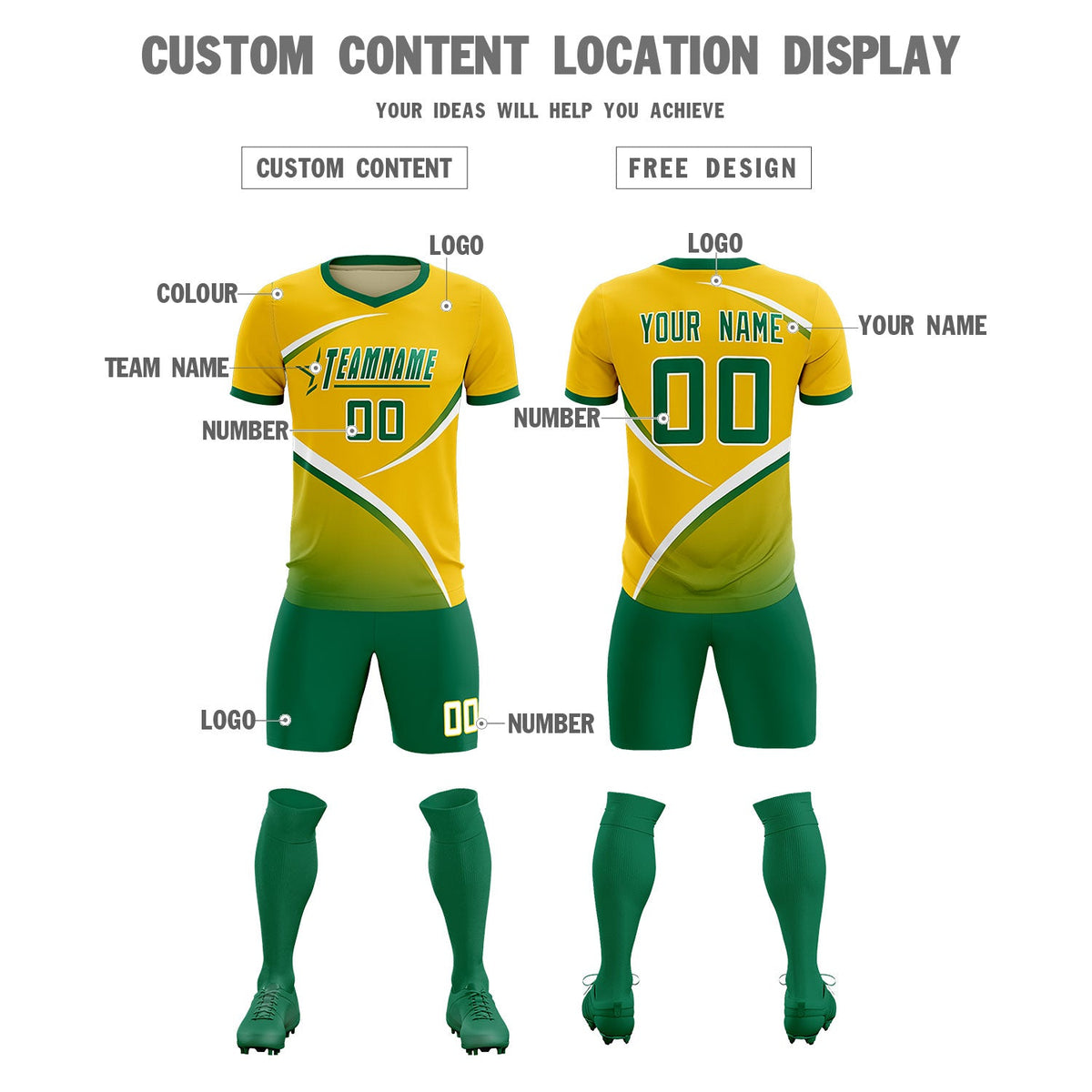 Custom Gold Kelly Green Color Block Training Uniform For Men Soccer Sets Jersey