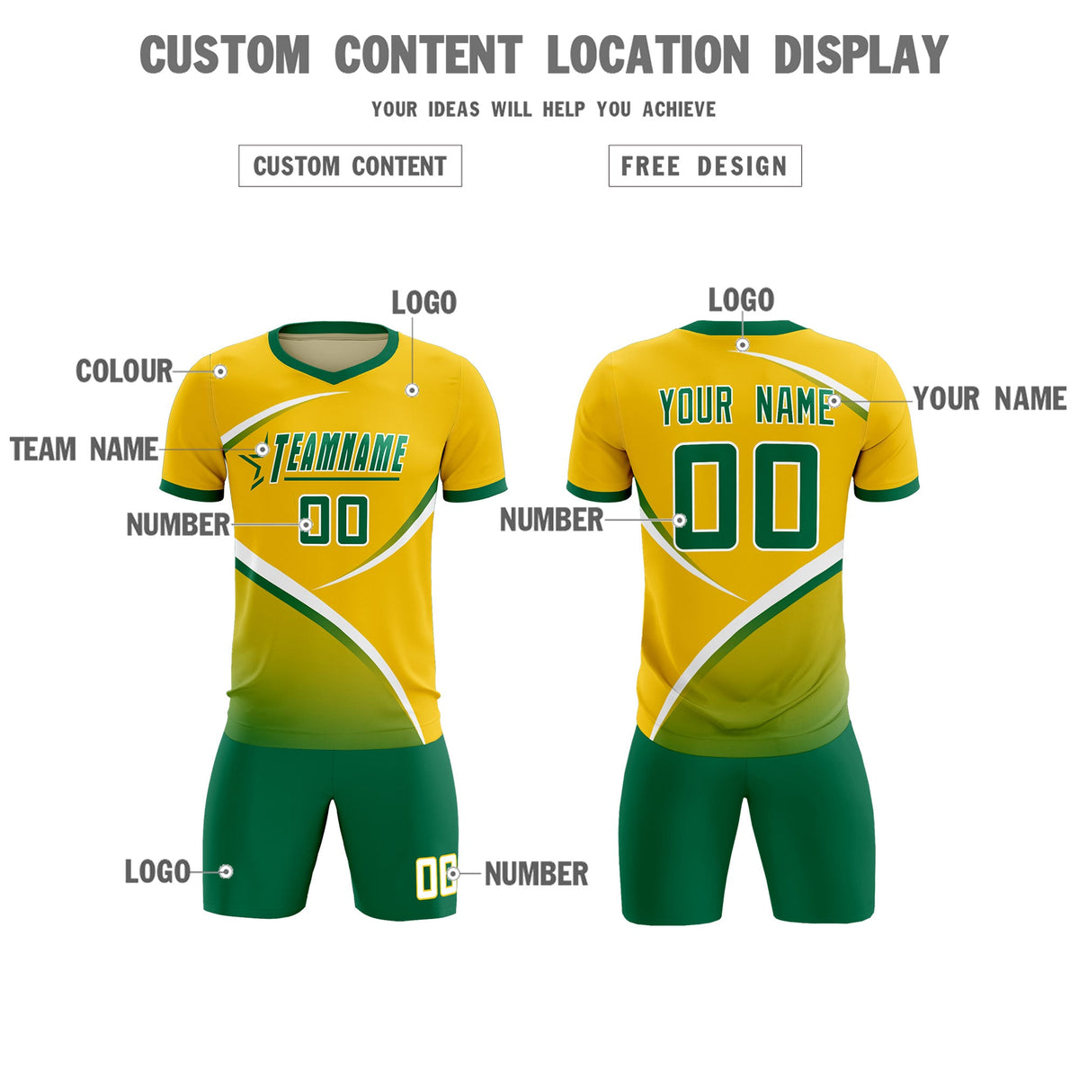 Custom Gold Kelly Green Color Block Training Uniform For Men Soccer Sets Jersey