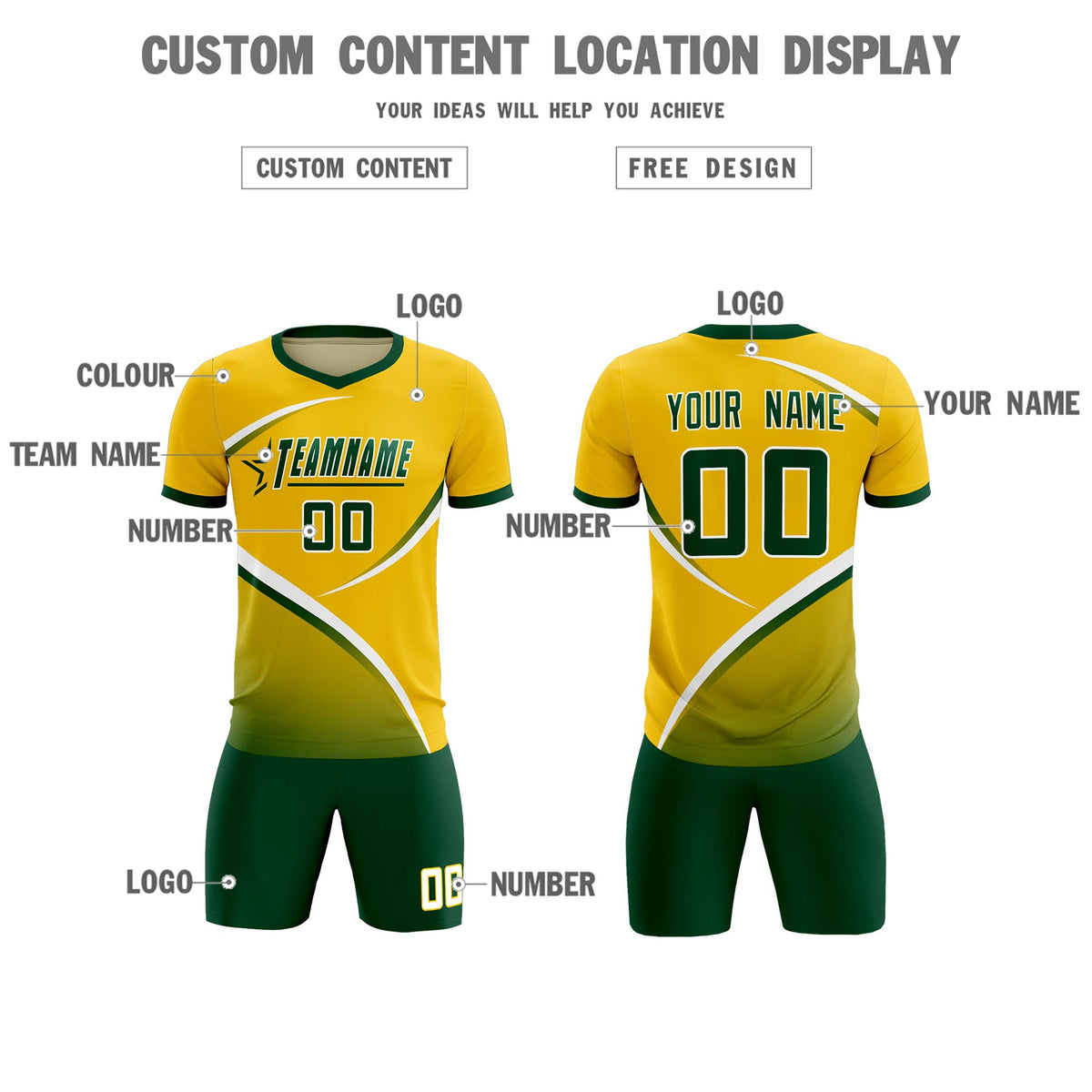 Custom Gold Green Color Block Training Uniform For Men Soccer Sets Jersey