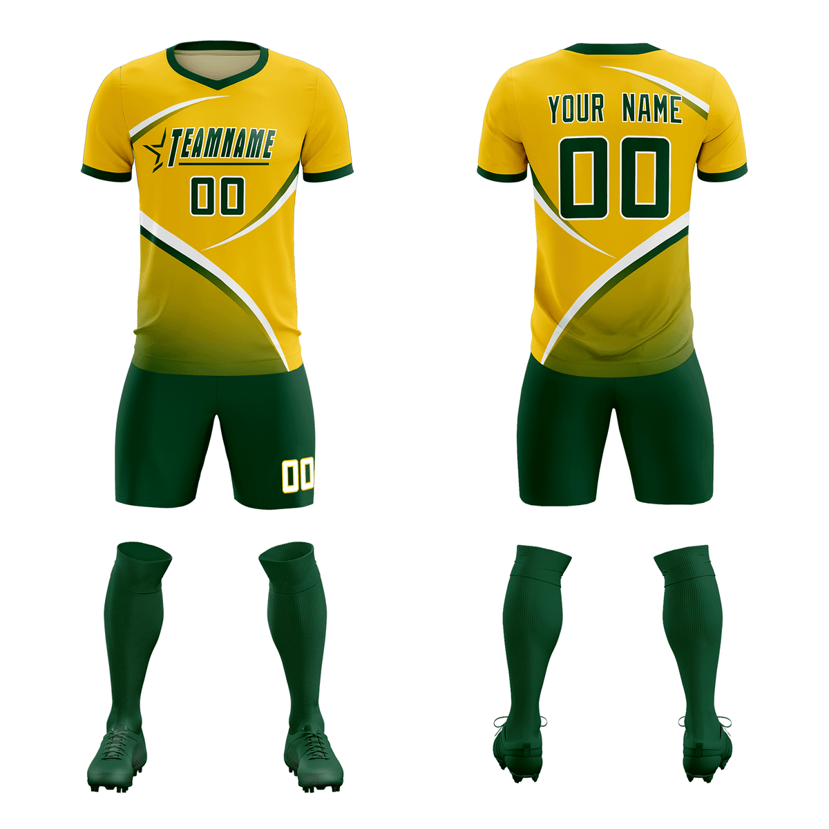 Custom Gold Green Color Block Training Uniform For Men Soccer Sets Jersey