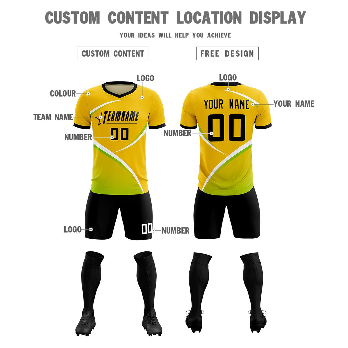 Custom Gold Black Color Block Training Uniform For Men Soccer Sets Jersey