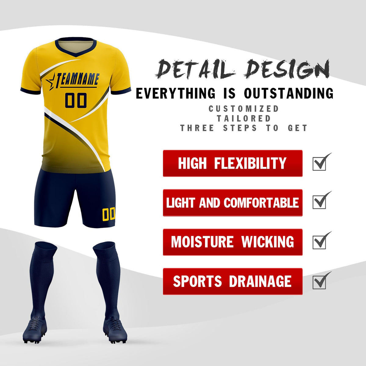 Custom Gold Navy Color Block Training Uniform For Men Soccer Sets Jersey