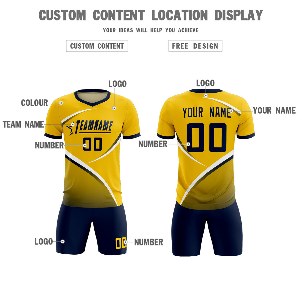 Custom Gold Navy Color Block Training Uniform For Men Soccer Sets Jersey