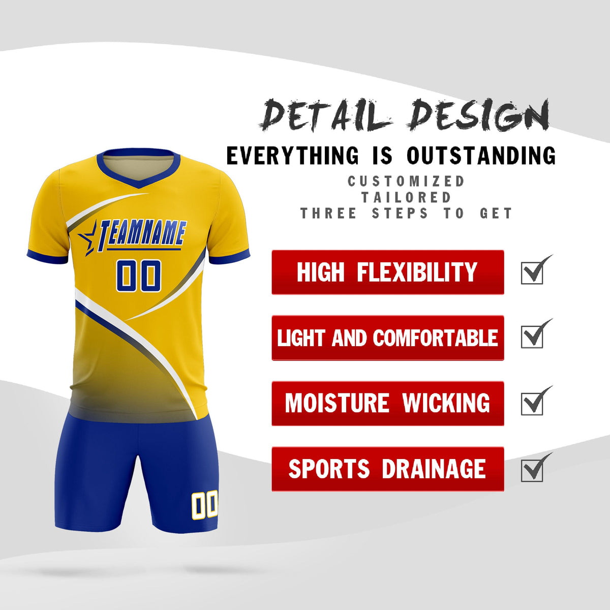 Custom Gold Royal Color Block Training Uniform For Men Soccer Sets Jersey