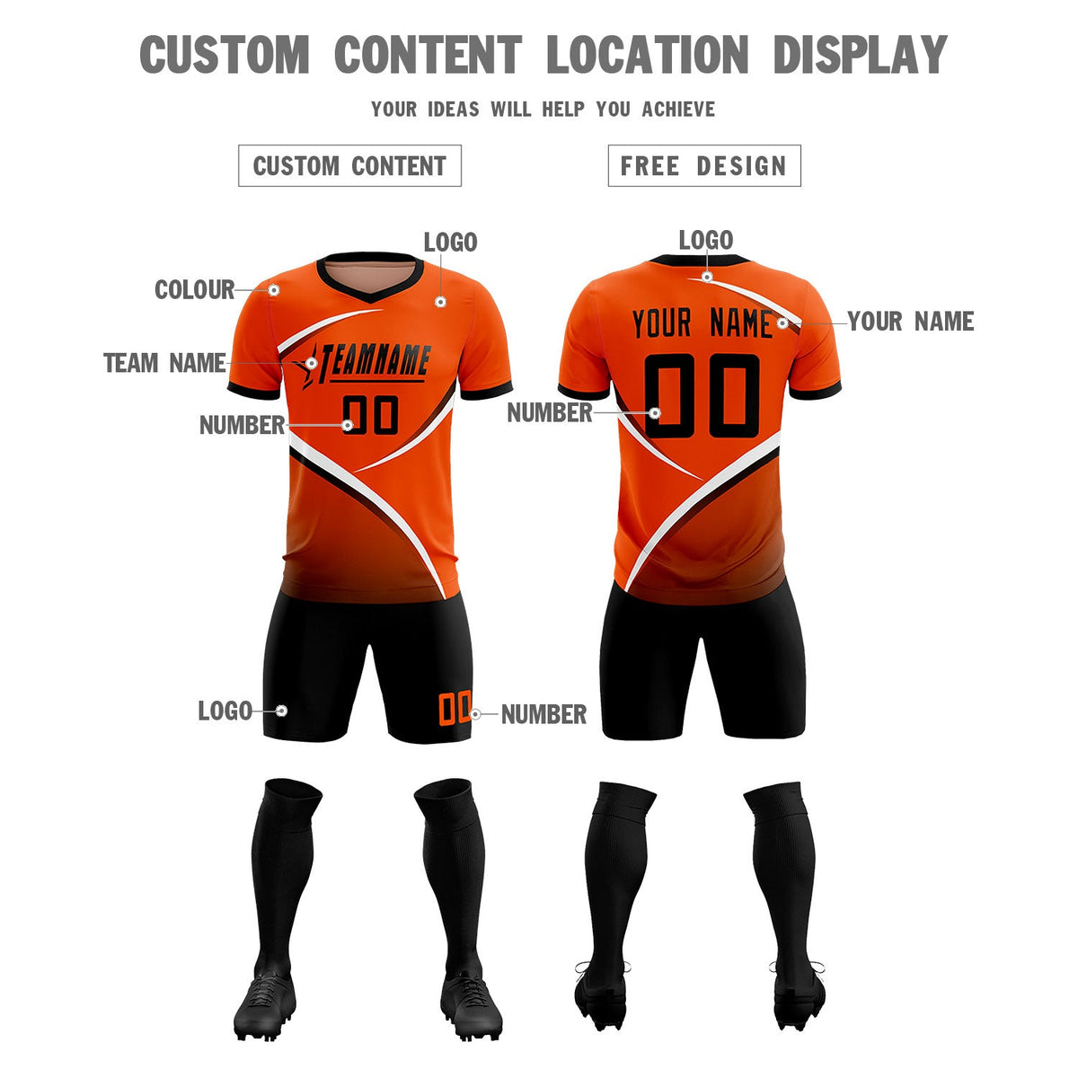 Custom Orange Black Color Block Training Uniform For Men Soccer Sets Jersey