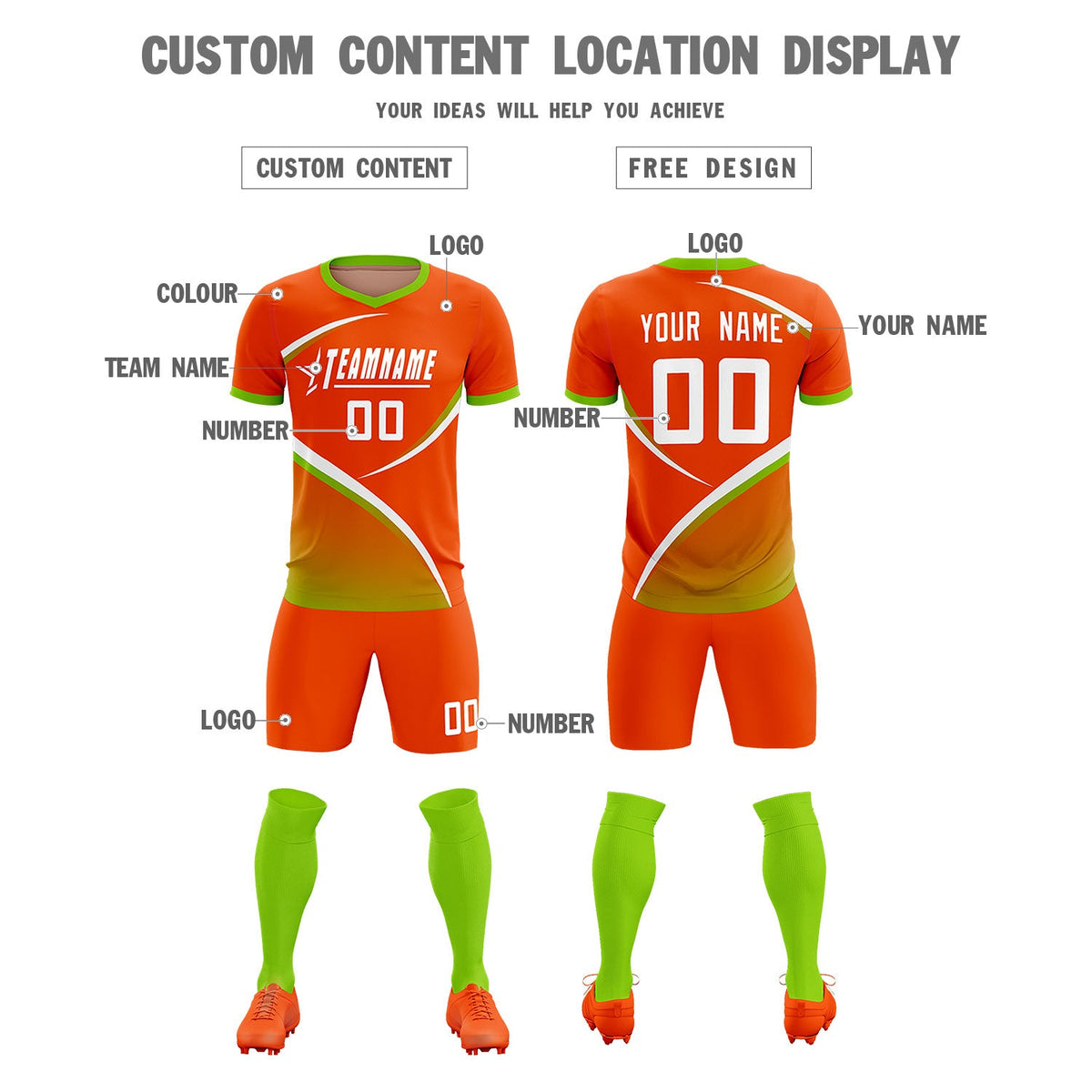 Custom Orange Neon Green Color Block Training Uniform For Men Soccer Sets Jersey