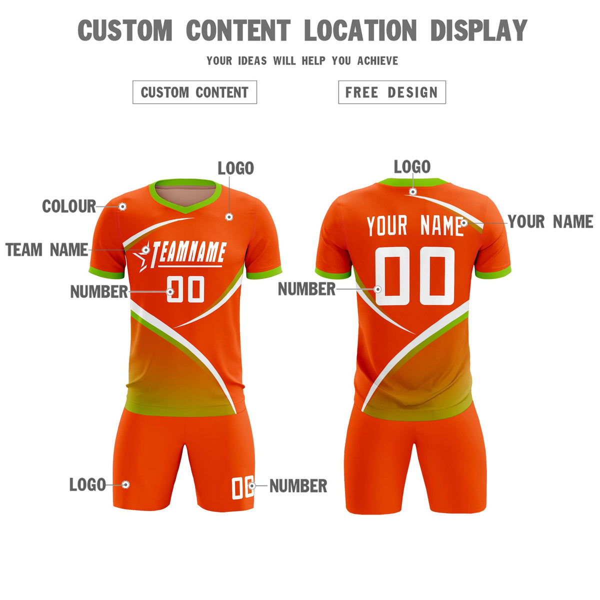 Custom Orange Neon Green Color Block Training Uniform For Men Soccer Sets Jersey