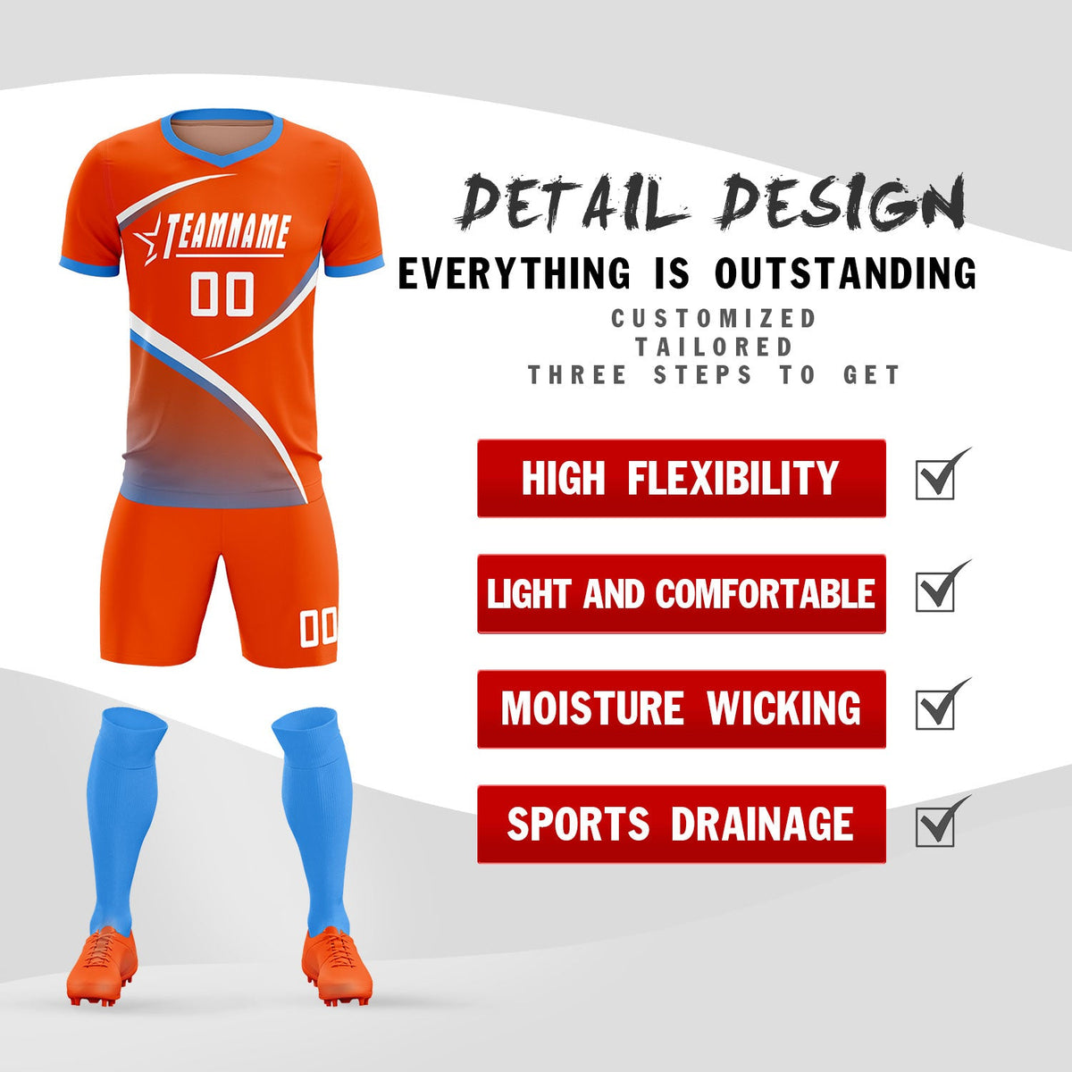 Custom Orange Powder Blue Color Block Training Uniform For Men Soccer Sets Jersey