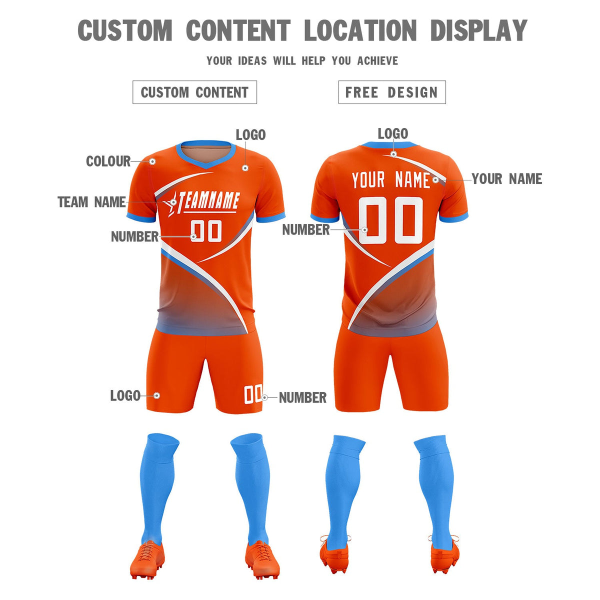 Custom Orange Powder Blue Color Block Training Uniform For Men Soccer Sets Jersey