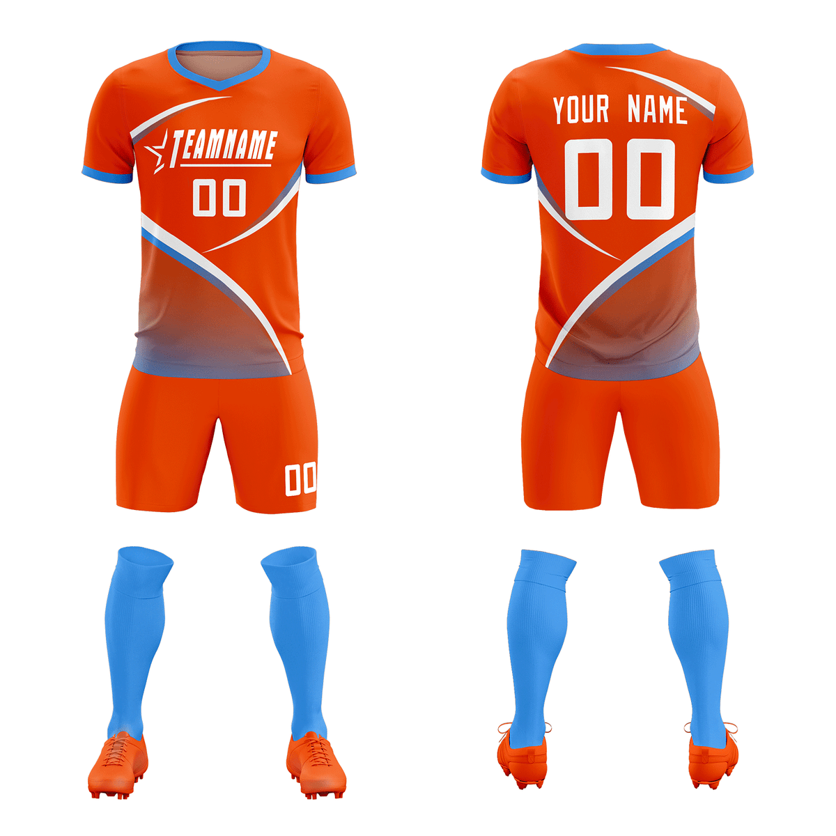 Custom Orange Powder Blue Color Block Training Uniform For Men Soccer Sets Jersey