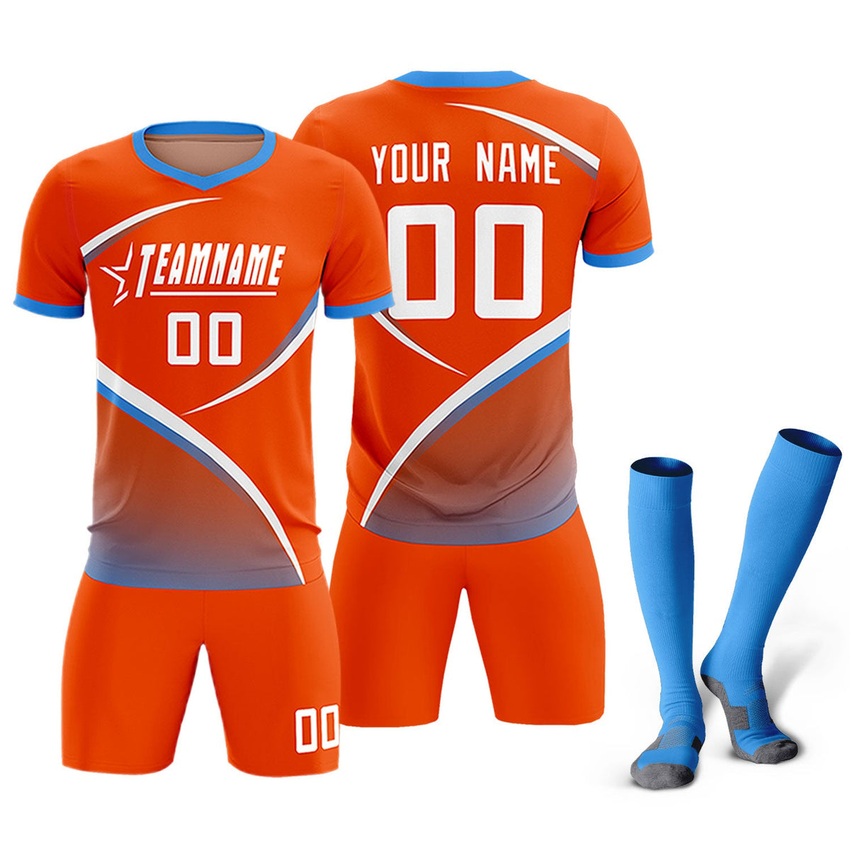 Custom Orange Powder Blue Color Block Training Uniform For Men Soccer Sets Jersey