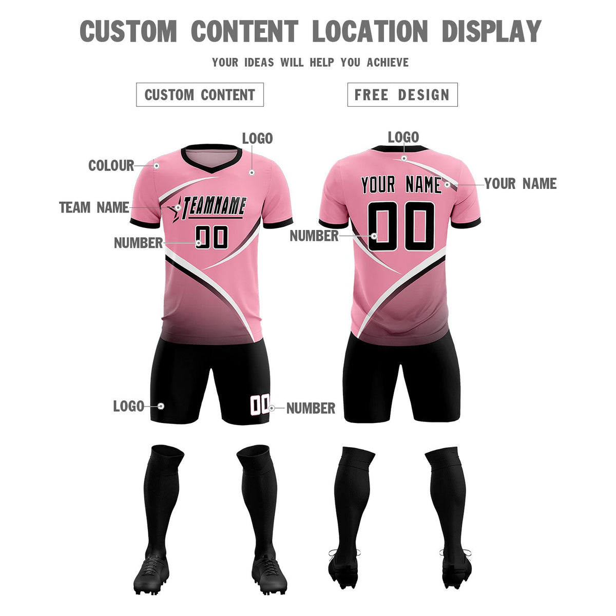 Custom Light Pink Black Color Block Training Uniform For Men Soccer Sets Jersey