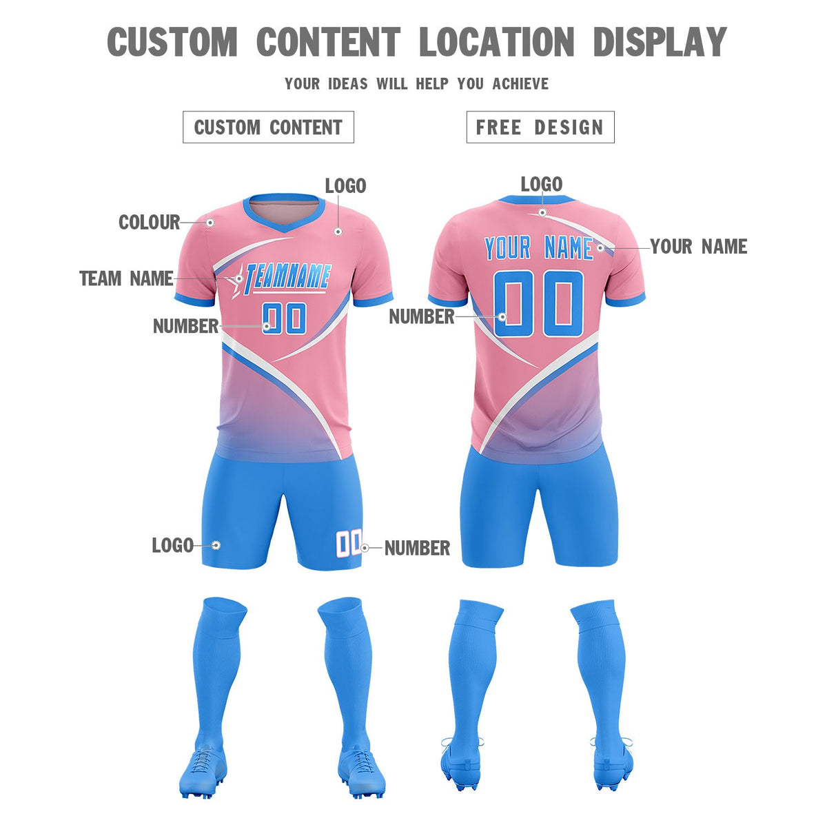 Custom Light Pink Powder Blue Color Block Training Uniform For Men Soccer Sets Jersey