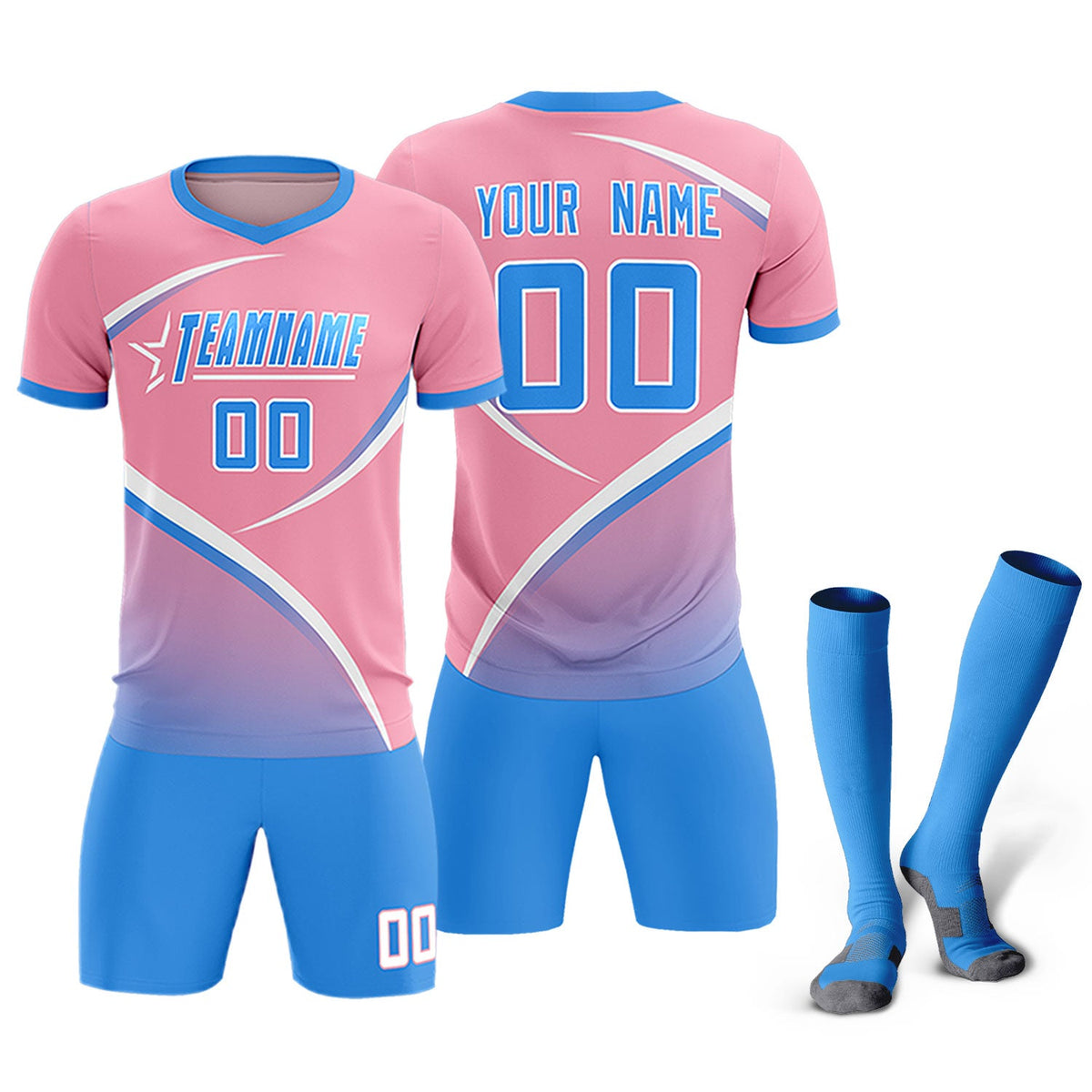 Custom Light Pink Powder Blue Color Block Training Uniform For Men Soccer Sets Jersey