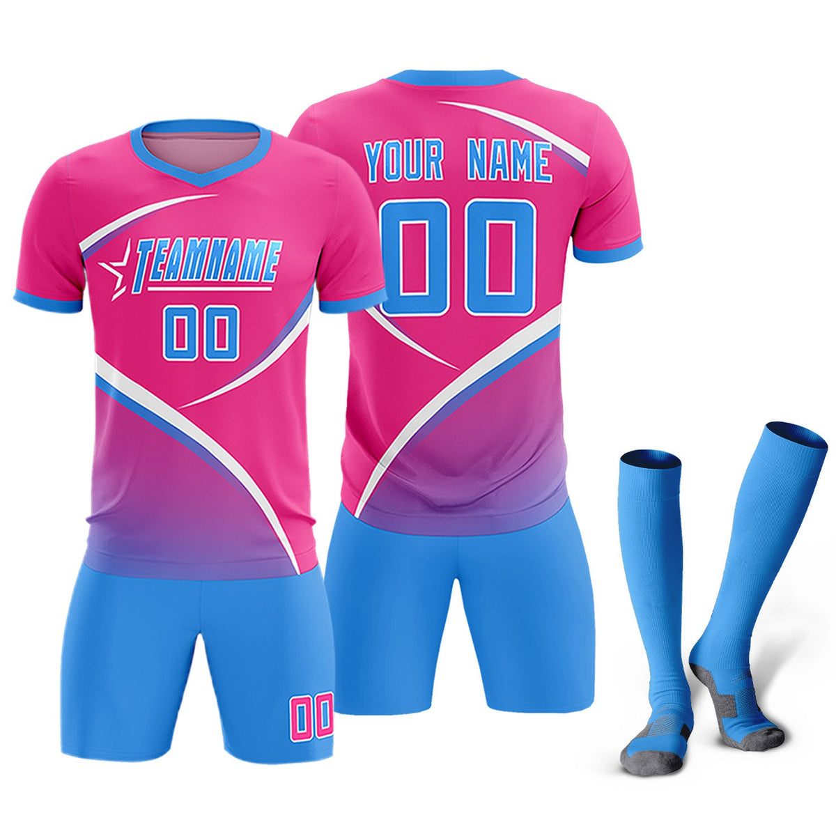 Custom Pink Powder Blue Color Block Training Uniform For Men Soccer Sets Jersey