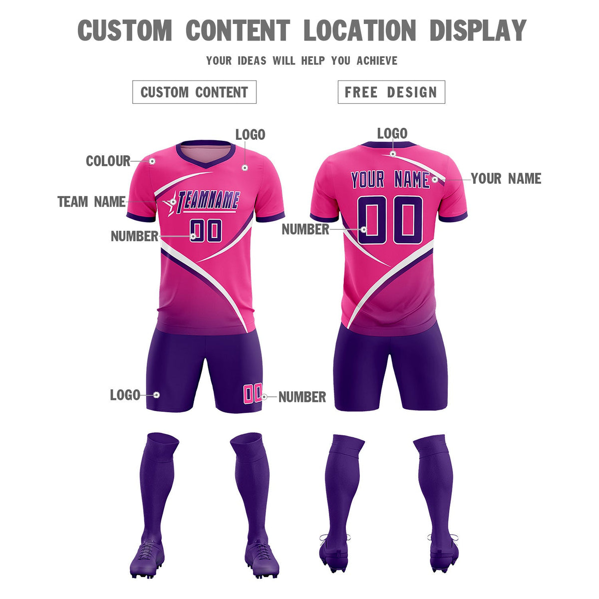 Custom Pink Purple Color Block Training Uniform For Men Soccer Sets Jersey