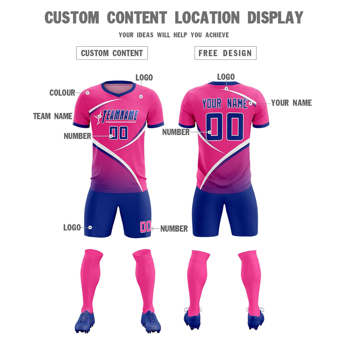 Custom Pink Royal Color Block Training Uniform For Men Soccer Sets Jersey