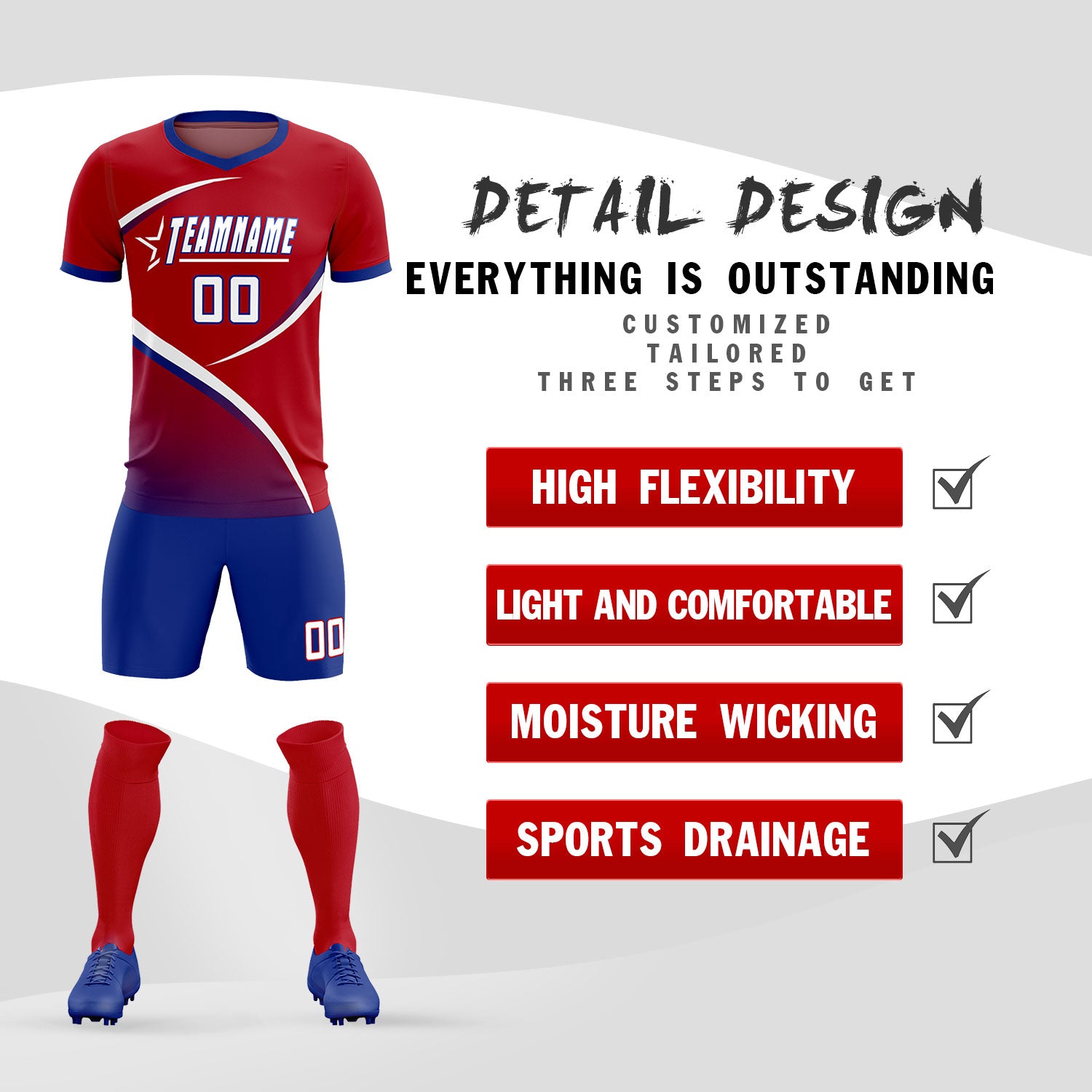 Custom Red Royal Color Block Training Uniform For Men Soccer Sets Jersey