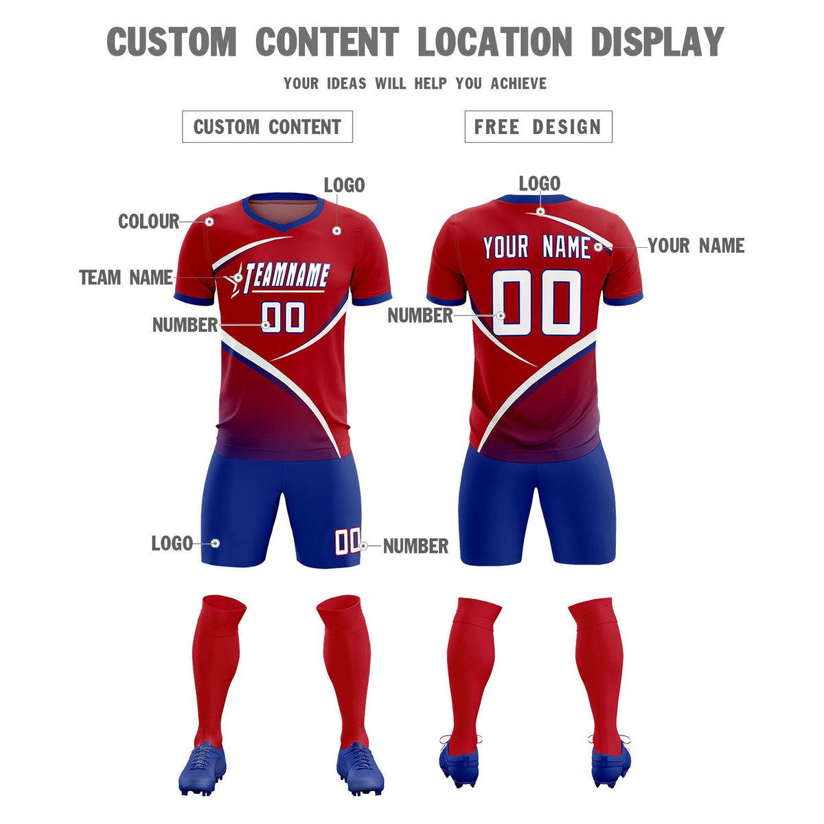 Custom Red Royal Color Block Training Uniform For Men Soccer Sets Jersey