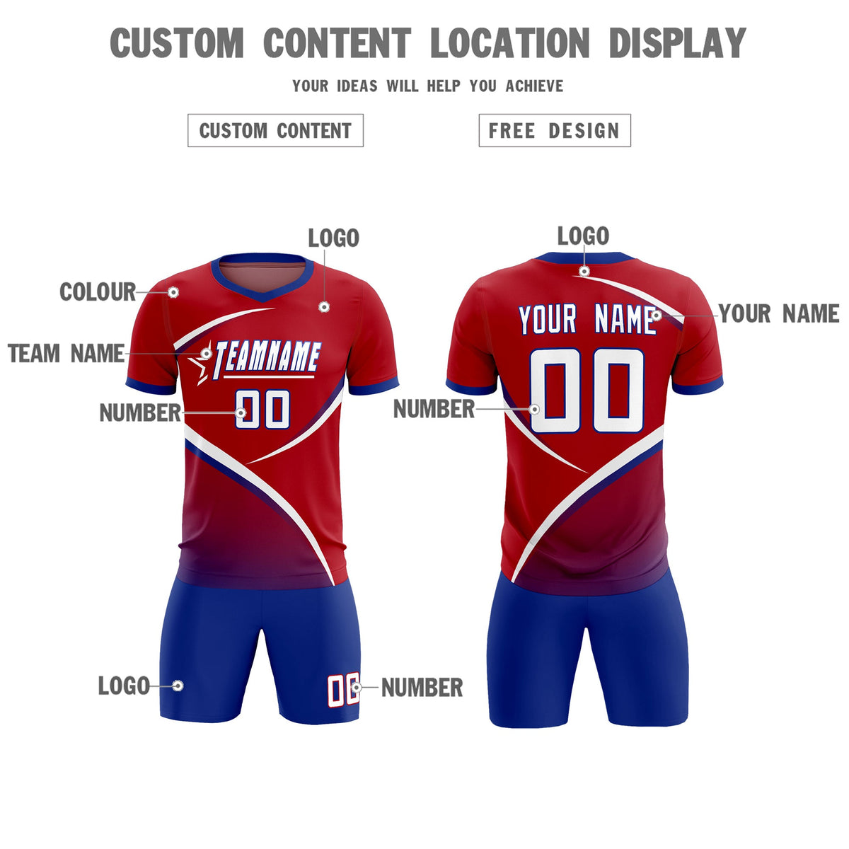 Custom Red Royal Color Block Training Uniform For Men Soccer Sets Jersey