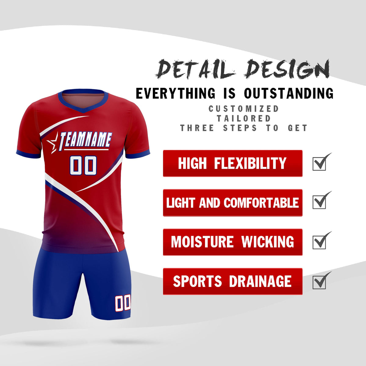 Custom Red Royal Color Block Training Uniform For Men Soccer Sets Jersey