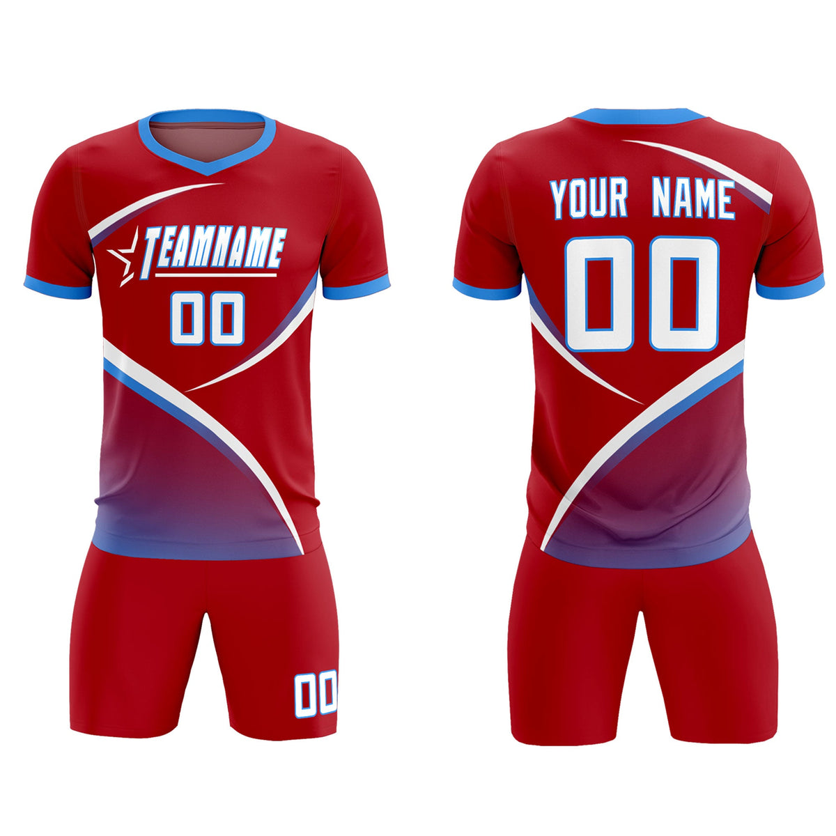 Custom Red Powder Blue Color Block Training Uniform For Men Soccer Sets Jersey