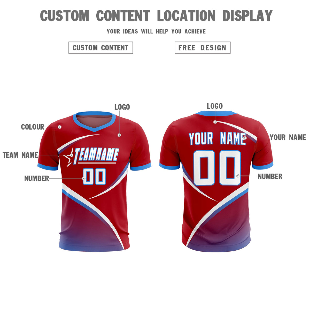 Custom Red Powder Blue Color Block Training Uniform For Men Soccer Sets Jersey