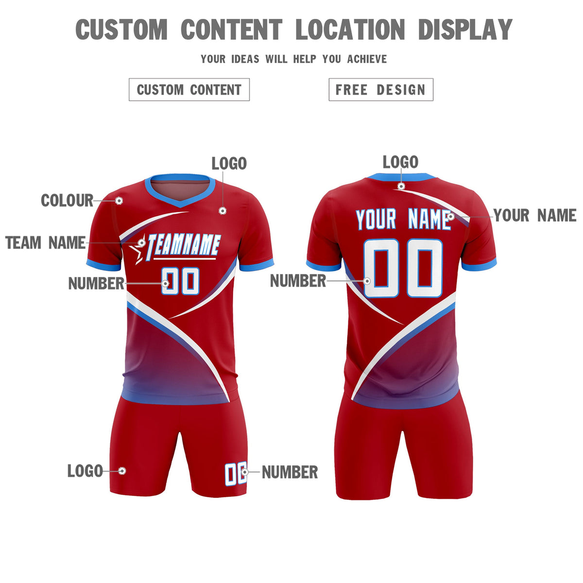 Custom Red Powder Blue Color Block Training Uniform For Men Soccer Sets Jersey