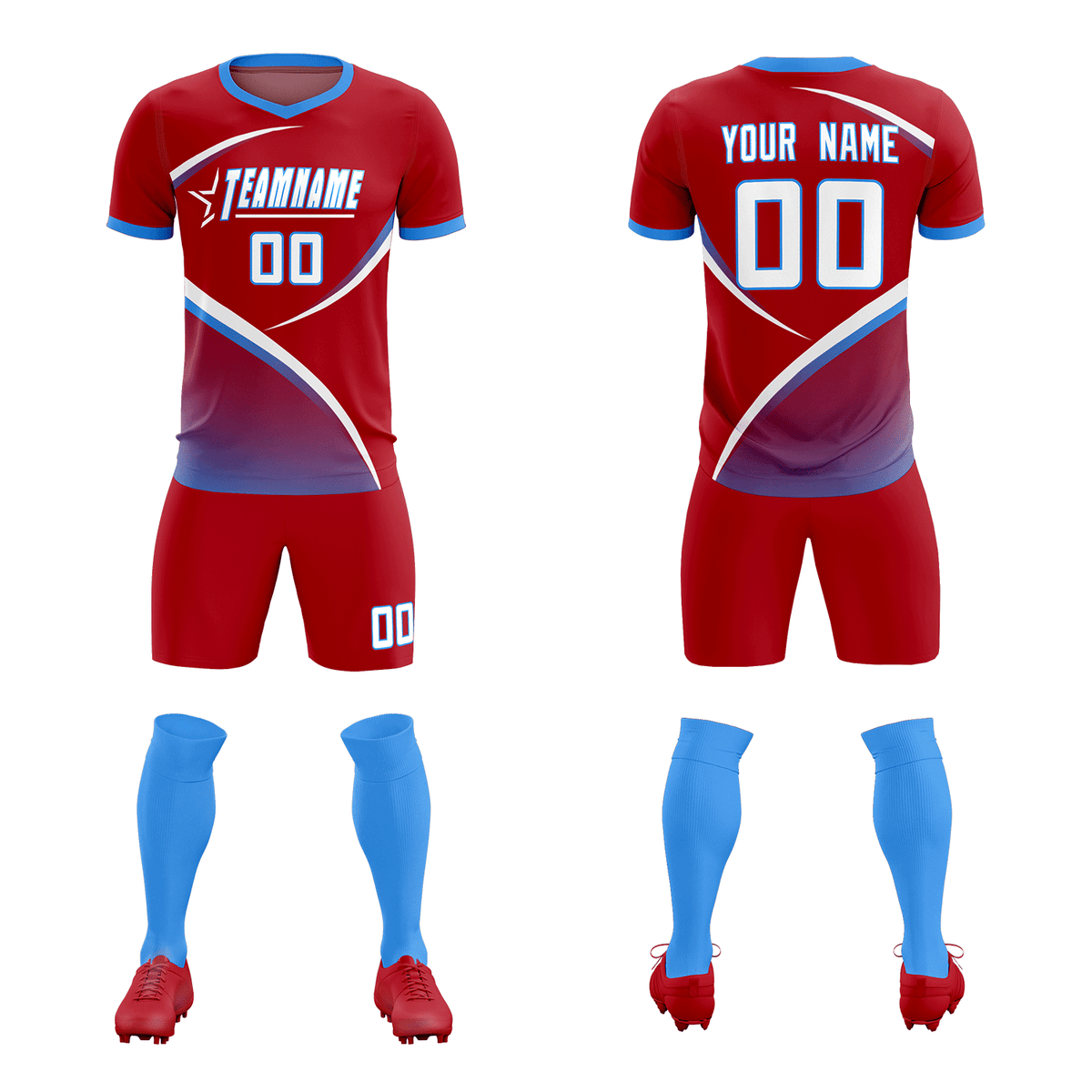 Custom Red Powder Blue Color Block Training Uniform For Men Soccer Sets Jersey