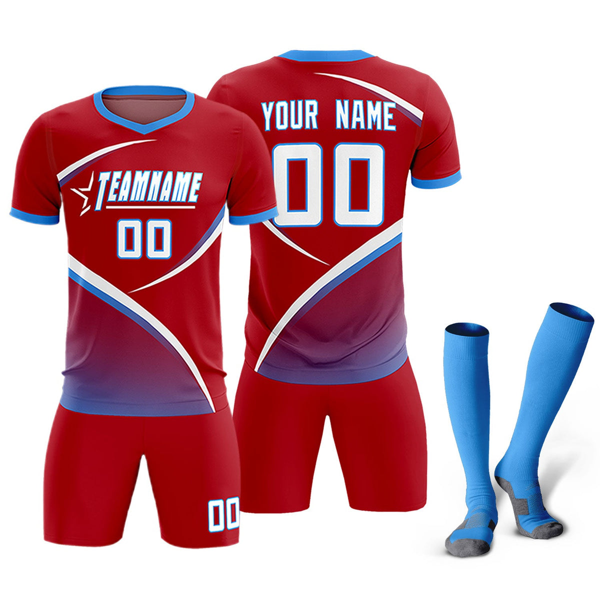 Custom Red Powder Blue Color Block Training Uniform For Men Soccer Sets Jersey