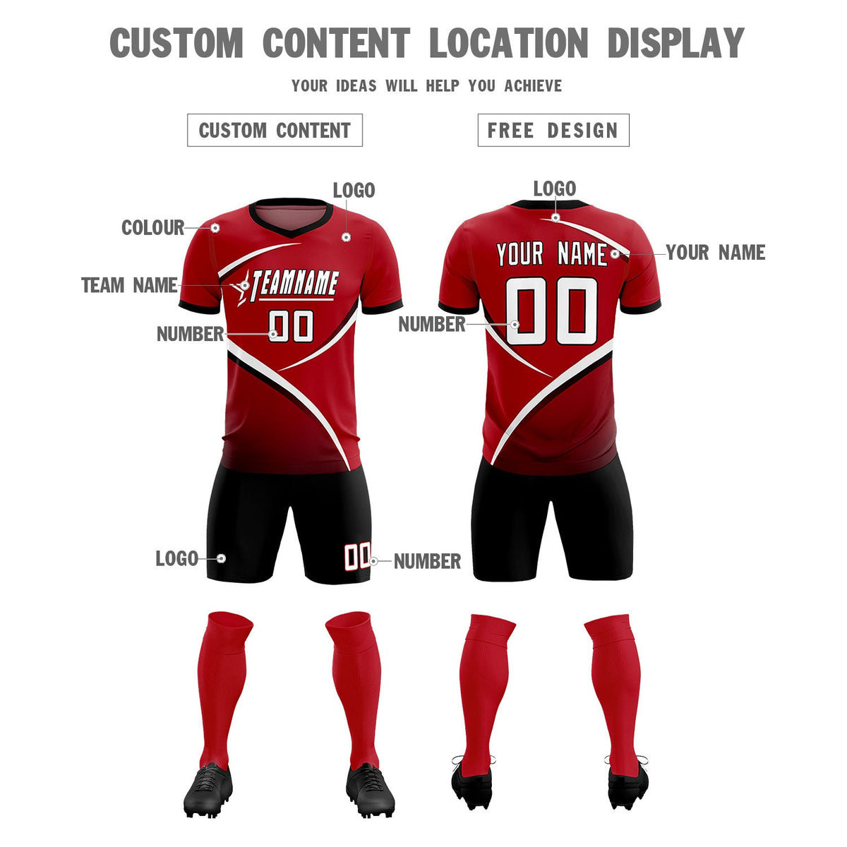 Custom Red Black Color Block Training Uniform For Men Soccer Sets Jersey