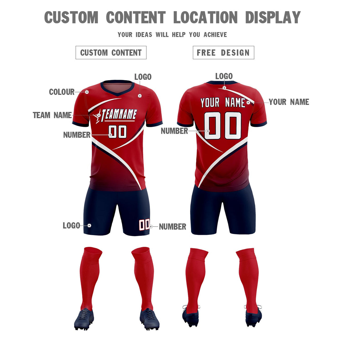 Custom Red Navy Color Block Training Uniform For Men Soccer Sets Jersey