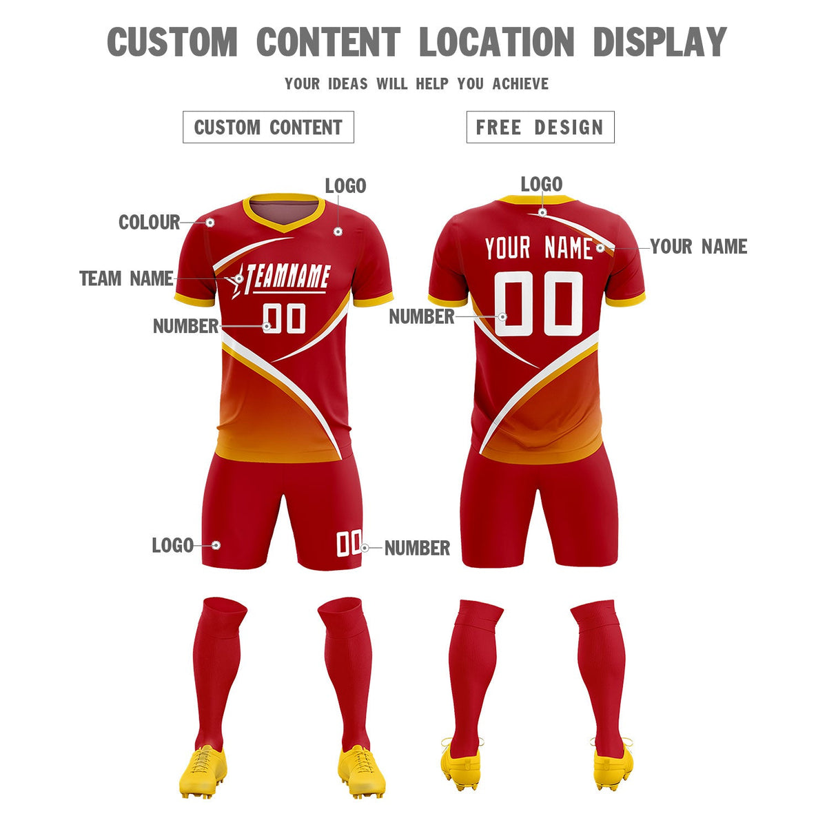 Custom Red Gold Color Block Training Uniform For Men Soccer Sets Jersey