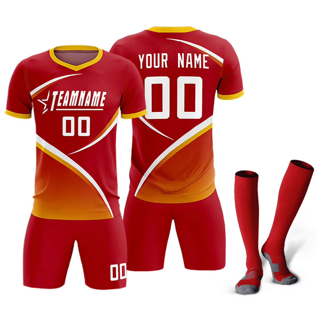Custom Red Gold Color Block Training Uniform For Men Soccer Sets Jersey