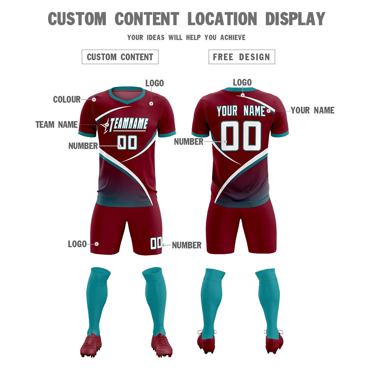 Custom Crimson Aqua Color Block Training Uniform For Men Soccer Sets Jersey