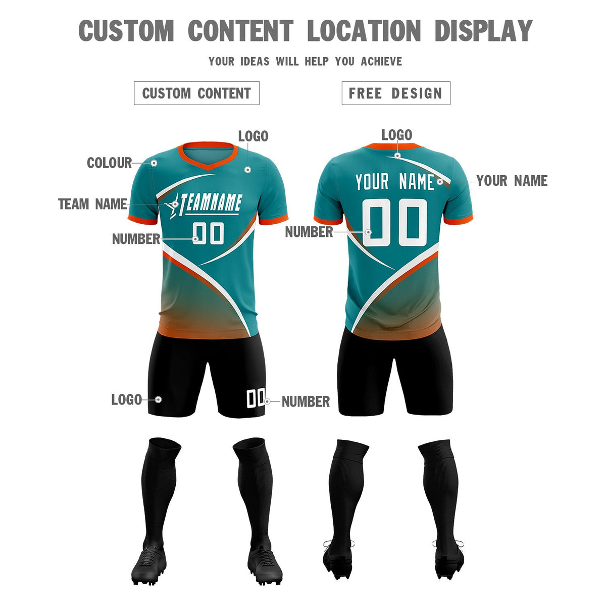 Custom Aqua Orange Color Block Training Uniform For Men Soccer Sets Jersey
