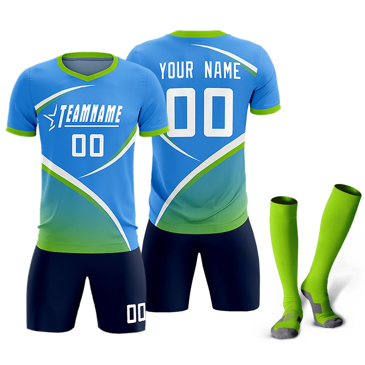 Custom Powder Blue Neon Green Color Block Training Uniform For Men Soccer Sets Jersey