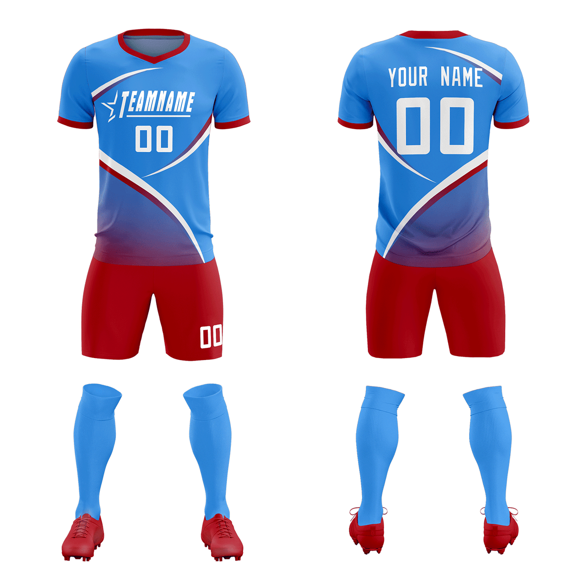 Custom Powder Blue Red Color Block Training Uniform For Men Soccer Sets Jersey
