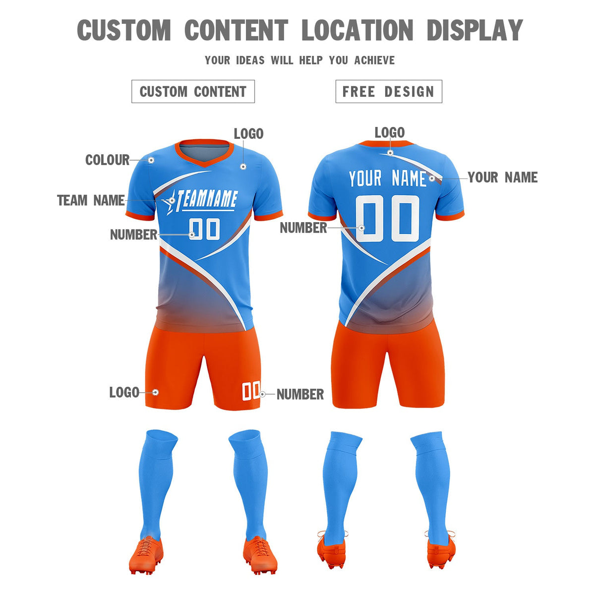 Custom Powder Blue Orange Color Block Training Uniform For Men Soccer Sets Jersey