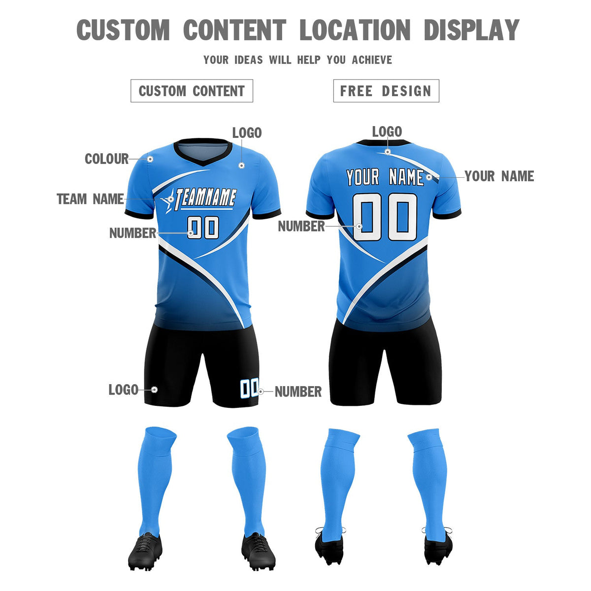 Custom Powder Blue Navy Color Block Training Uniform For Men Soccer Sets Jersey