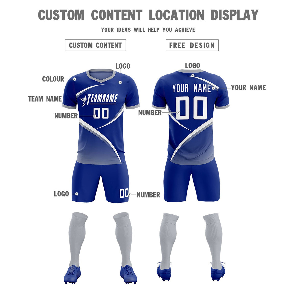 Custom Royal Gray Color Block Training Uniform For Men Soccer Sets Jersey