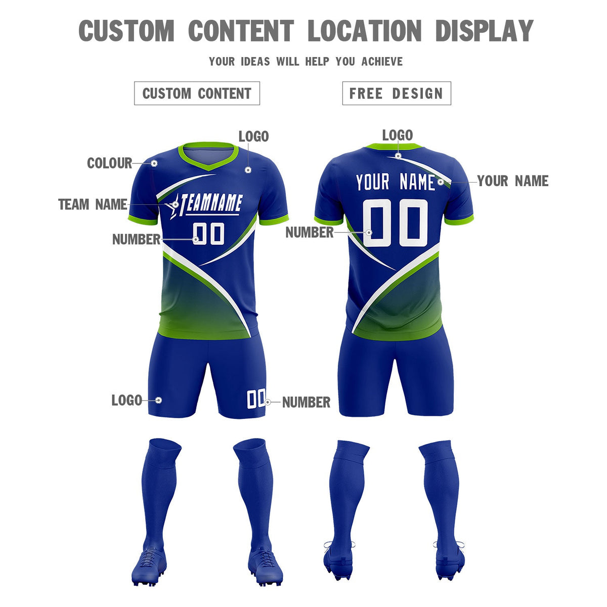 Custom Royal Neon Green Color Block Training Uniform For Men Soccer Sets Jersey
