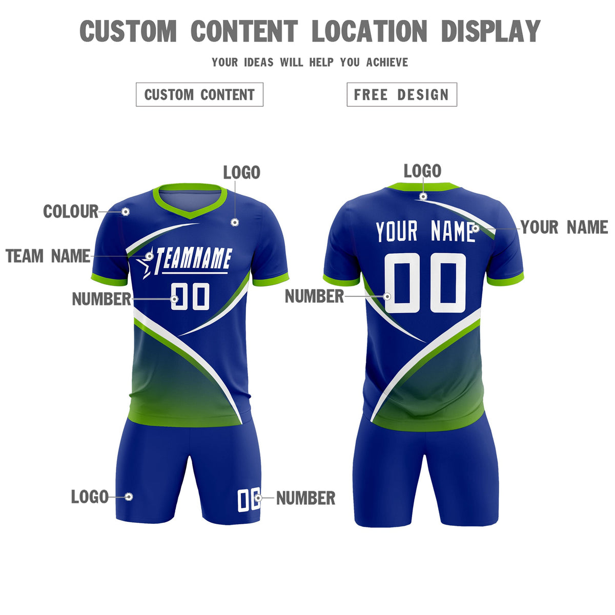 Custom Royal Neon Green Color Block Training Uniform For Men Soccer Sets Jersey
