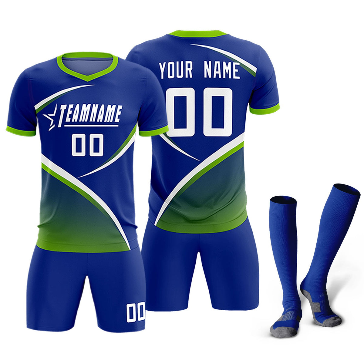 Custom Royal Neon Green Color Block Training Uniform For Men Soccer Sets Jersey
